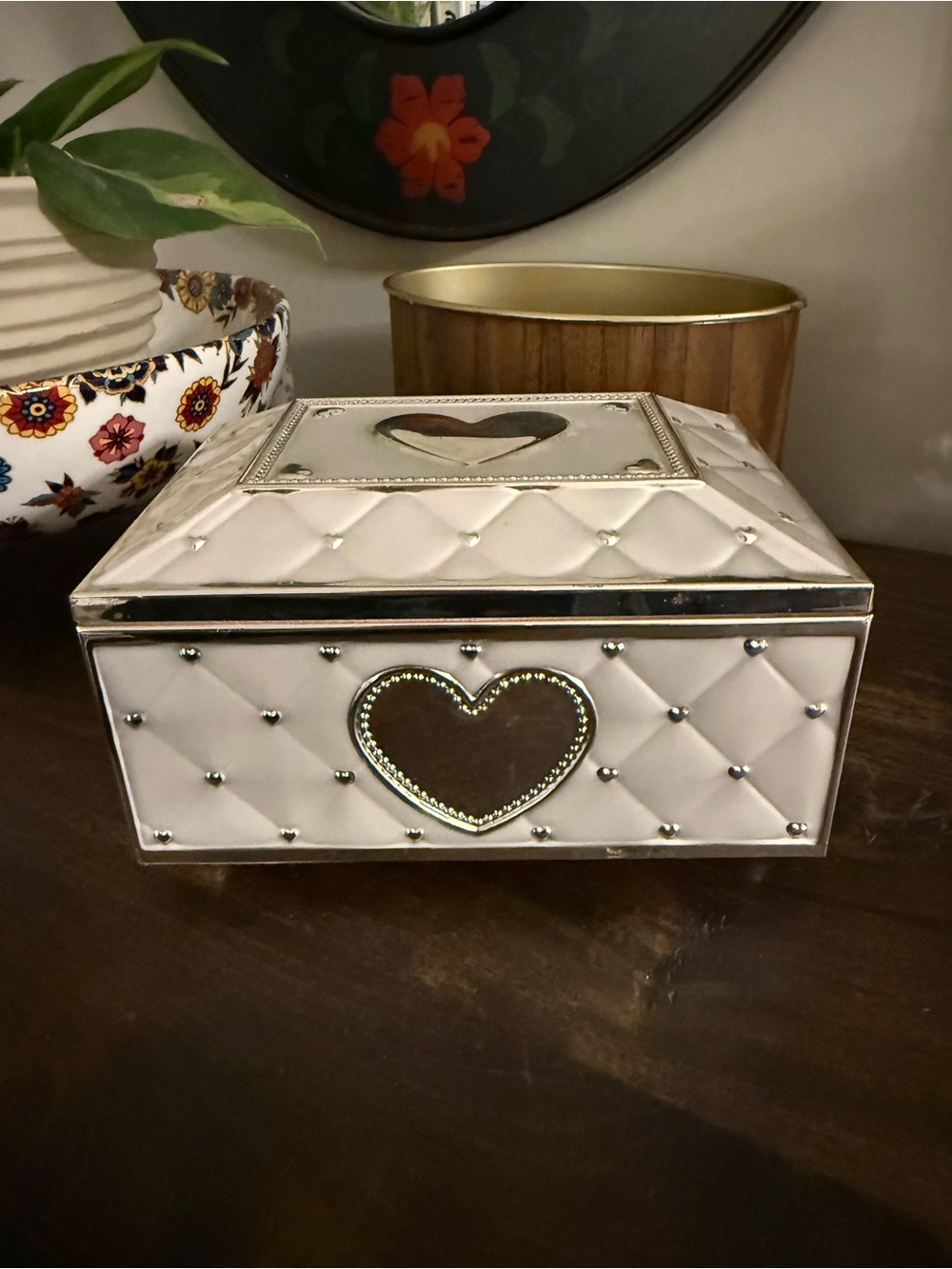 Lenox White Quilted Jewelry Box with Silver Heart Accents